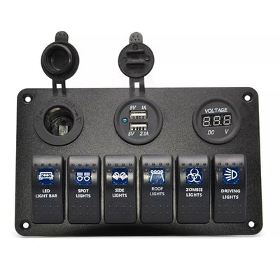Waterproof Panel with 6 Switch, 12v and USB Socket, Voltmeter