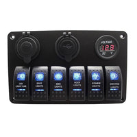 Waterproof Panel with 6 Switch, 12v and USB Socket, Voltmeter