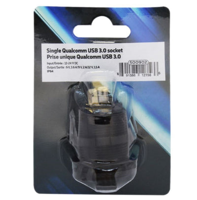 USB 3.0, 3.6amp. Vehicle Socket water-resistant